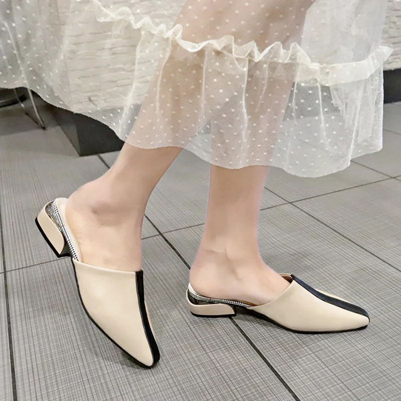 Europe Women 2019 New Retro Luxury Striped Slip on Blackless Loafers Pointed Toe Mules Low Chunky Heel Party Slipper Shoes | Обувь