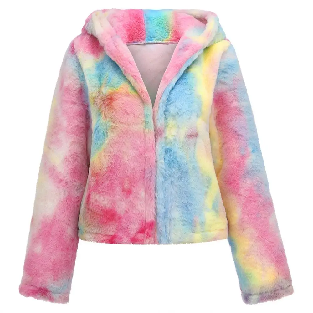 B Multicolor Меховое пальто женское пушистое теплое пальто с длинным рукавом градиентного цвета Верхняя одежда осеннее зимнее пальто куртка пальто без воротника - Цвет: B Multicolor