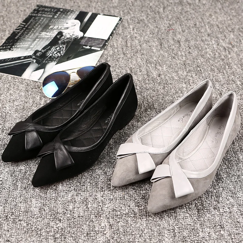 

2018 Ozhouzhan Spring And Autumn New Style Pointed-Toe Flat Keel Thin Shoes Fashion Bow Boat Shoes Flat Heel Low-Cut Side Scoop