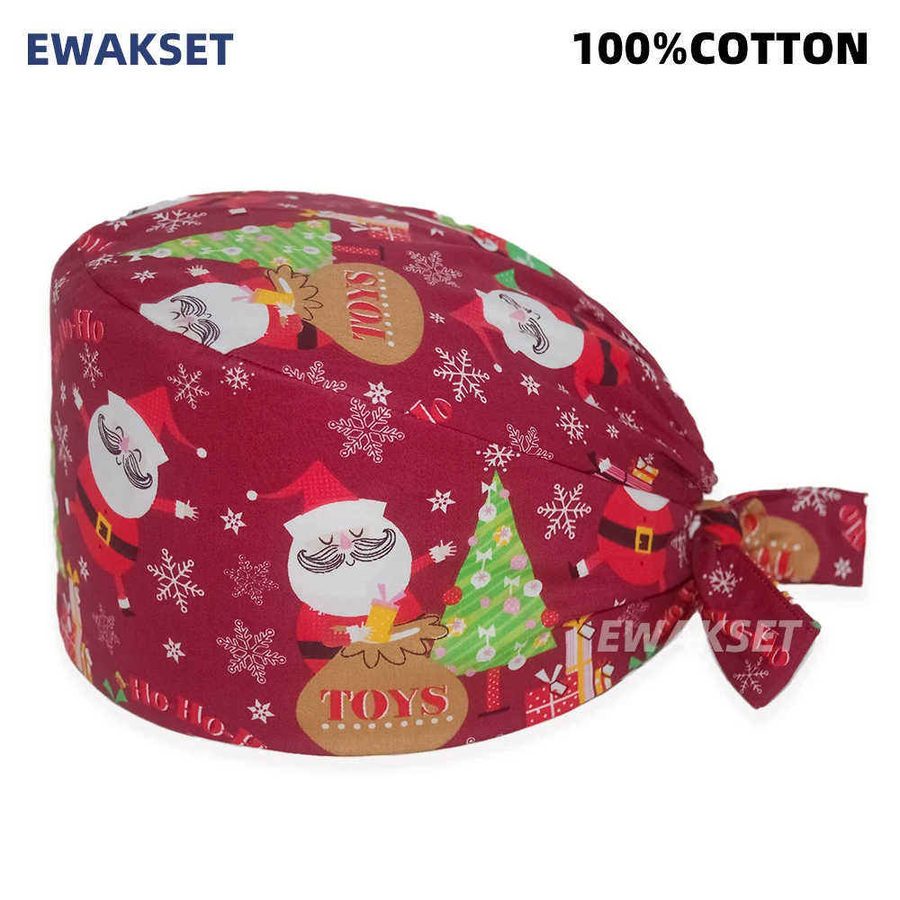 100%Cotton Nursing Hat Scrub Dental Cap Laboratory Pet Shop Medical Surgeon Spa Nurse Adjustable Scrubs Caps Christmas Printed