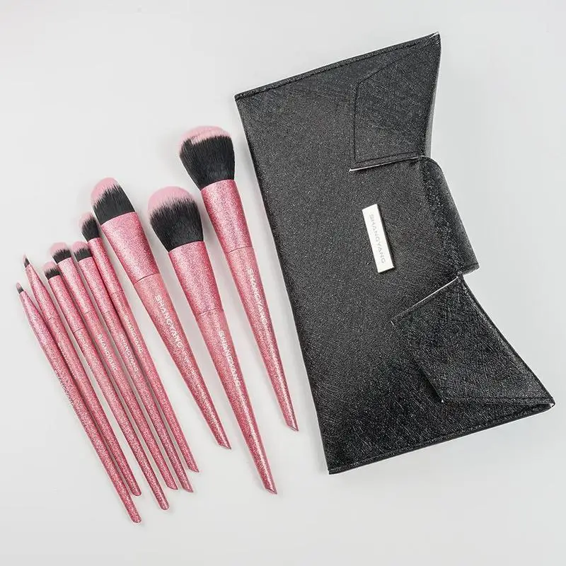 

9pcs Professional Imported Wool Fiber Makeup Brushes Brush Set Shiny Powder Up Pink Cosmetic Kit Tools Bag Make Metal Rose R4J8
