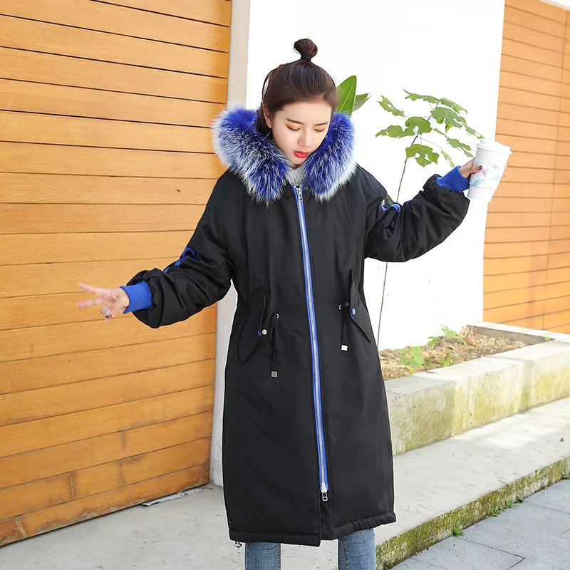 

2018 Winter New Style Fashion Korean-style WOMEN'S Wear Large Fur Collar Medium-length Waist Hugging Lace-up Hooded down Feather