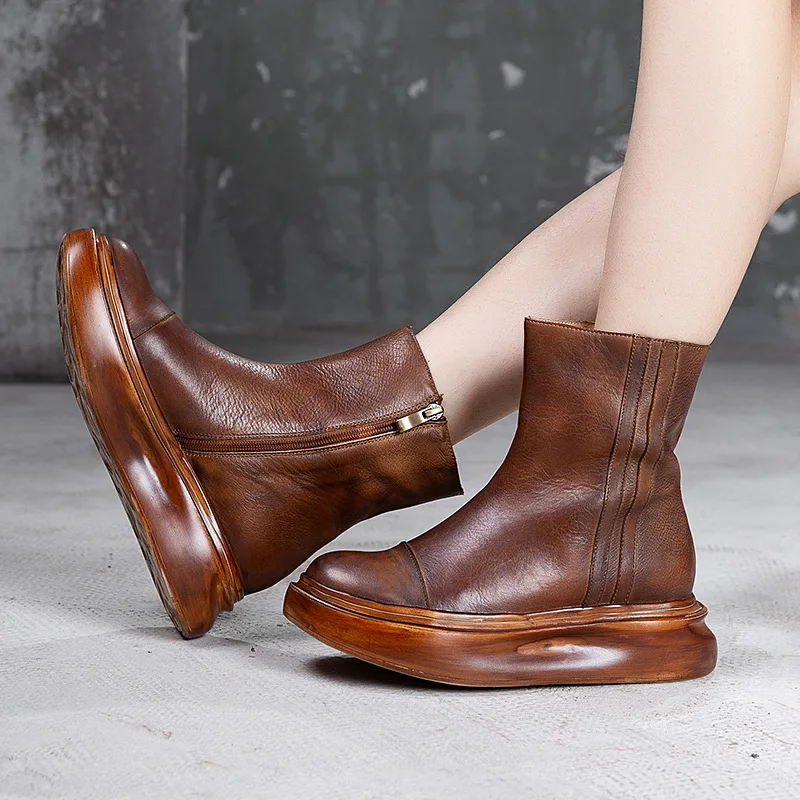

Artdiya Original New Genuine Leather Women's Boots Retro Handmade Cowhide Platform Ankle Boots shoes Autumn and Winter Zipper