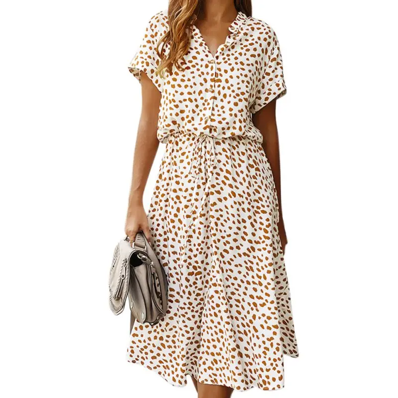 

Summer Dress Women Vintage Dress Casual Polka Dot Print A-Line Party Dresses Sexy V-neck Short Sleeve Long Dress Fashion