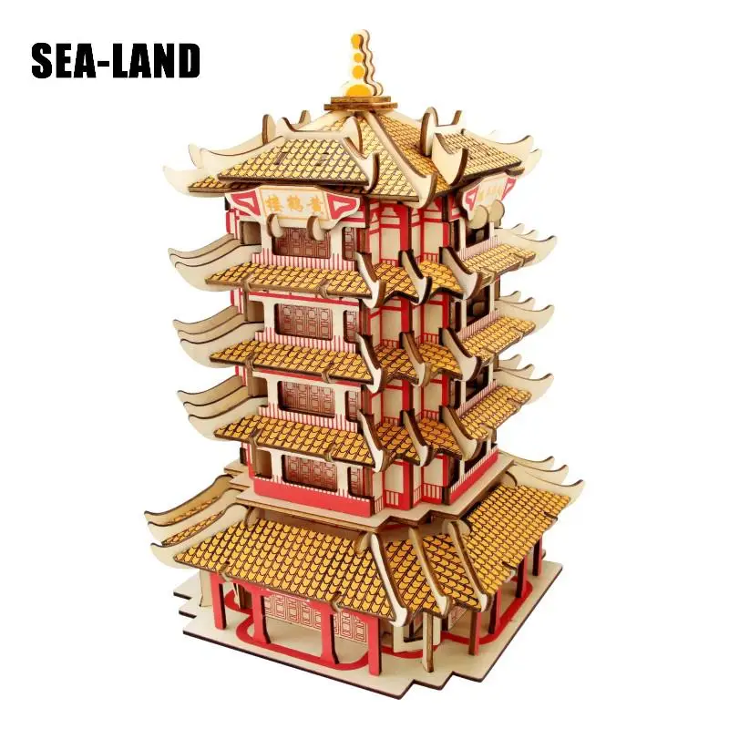 

New Toys For Children Laser Cutting 3d Wooden Puzzles Chinese Famous Buildings Yellow Crane Tower Good Family Games Hobby Gifts