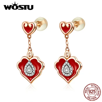 

WOSTU Real 925 Sterling Silver Red Heart Shape Drop Earrings For Women Good Luck Rose Gold Earrings Wedding Jewelry Gift CTE324