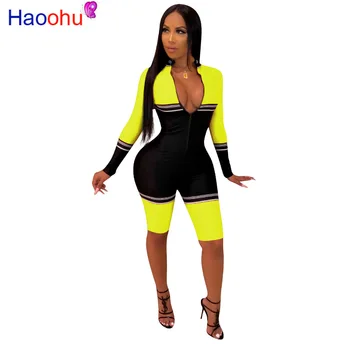 

Sexy Patchwork Playsuit Long Sleeve Jumpsuit Womens Festival Clothing Fall 2019 Short Jumpsuit Streetwear Female Outfits