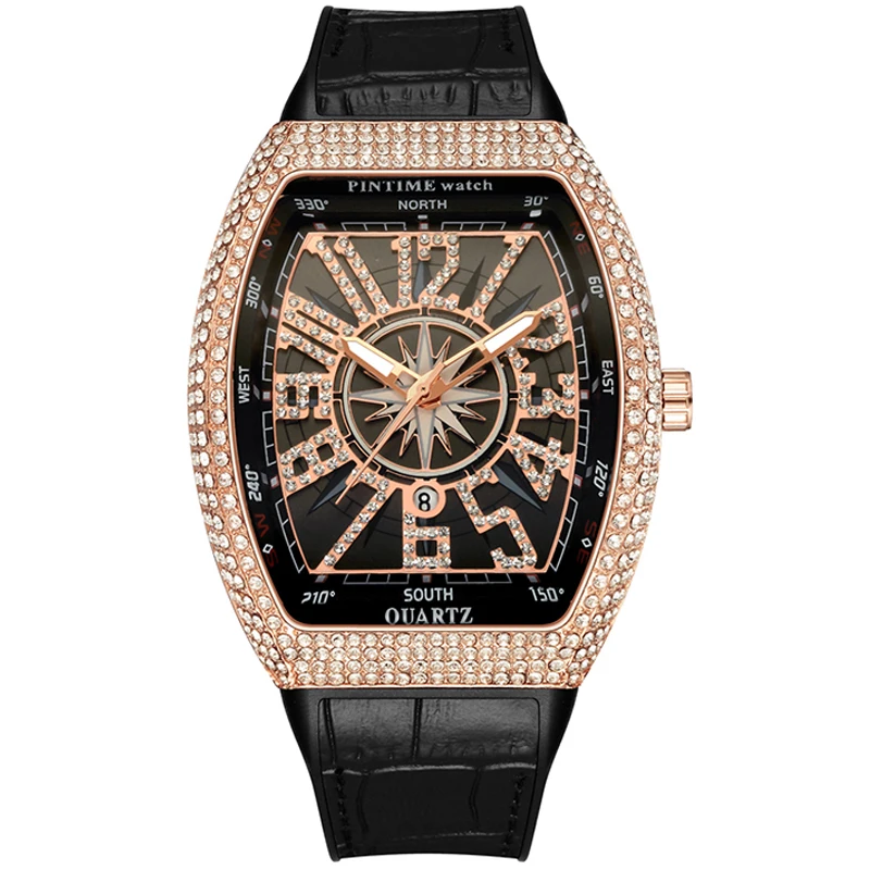 Luxury Hip Hop Cool Watch for Men Chronograph Man Quartz Dragon Watches Male Tonneau Iced Diamond Clock Hombre Relogio Masculino 