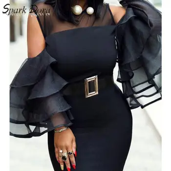 

SparkDora 2020 Spring Sexy Perspective Off Shoulder Lotus Leaf Sleeve Tight Package Hip A-line dress Belt S-6XL