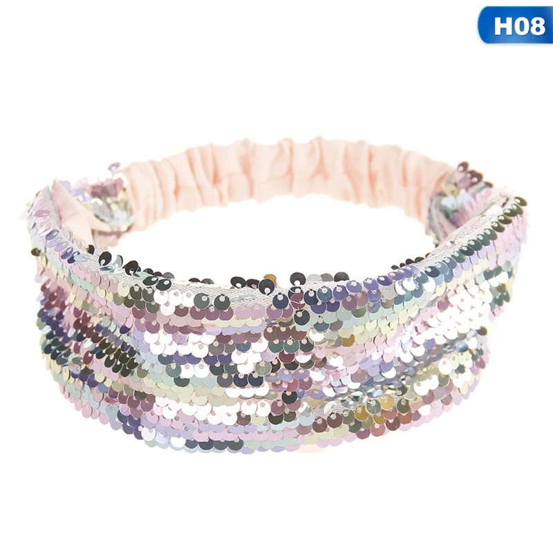 Reversible Sequin Girls Headband Mermaid Elastic Fabric Hairband Summer Style Wide Head Band For Female Women Hair Accessories