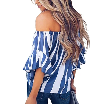 

Summer Striped Women Blouses Slash Neck Chiffon Sexy Tee Shirt Casual Female Chiffon Blouse 2020