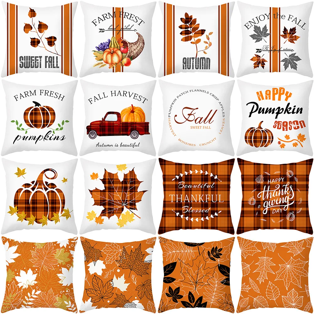 Autumn Maple Leaf Pumpkin Pillowcase 45*45cm Fall Home Decor Grateful Thanksgiving Throw Pillow Covers Polyester Cushion Cover