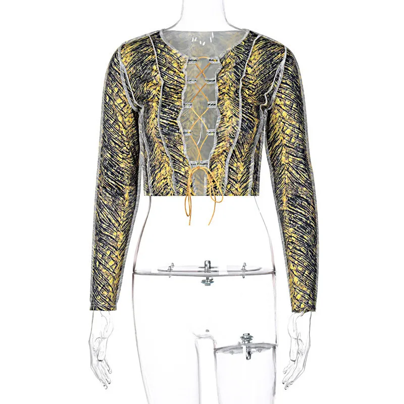 New Women's Hollow Lace Short Corp Top Long Sleeve V-neck Low Cut T-shirt Hight Street Sexy Lady Clothing Hiphop Street Wear