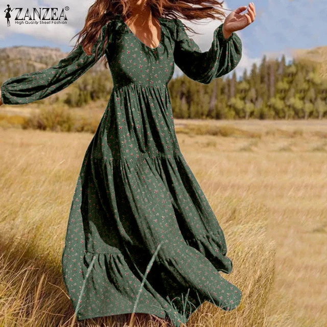 ZANZEA 2021 Stylish Ruffle Maxi Dress Casual Puff Sleeve Tunic Vestidos Female Solid Robe Women's Autumn Sundress   3