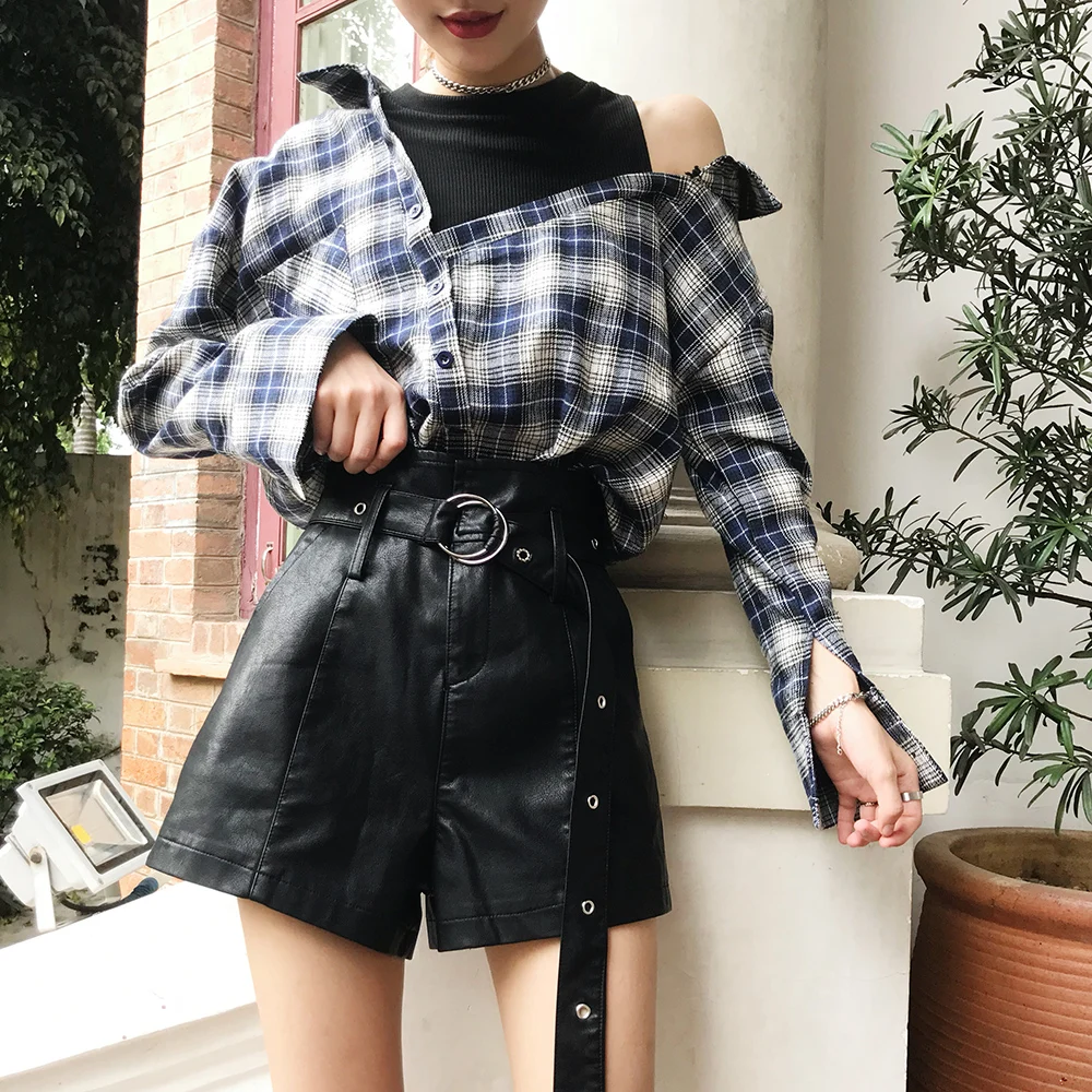 Новинка, Харадзюку, женские шорты, новинка, Осенние, галстук-бабочка, высокая талия, тонкие кожаные шорты, милые, ПУ, широкие, короткие, DC508