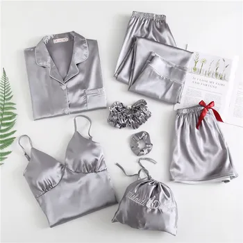 

Newest Summer Autumn 7 Pcs Set Silk Elegant Women Pajamas Shorts Long Sleeve Top Elastic Waist Pants Full Long Sleepwear Set