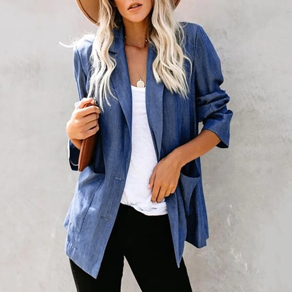 

Jackets Coats Lady Casual Pockets Single Breasted Blazer Women Fashion Fake Denim Autumn Overcoat Female Office Blazer 2019 D30