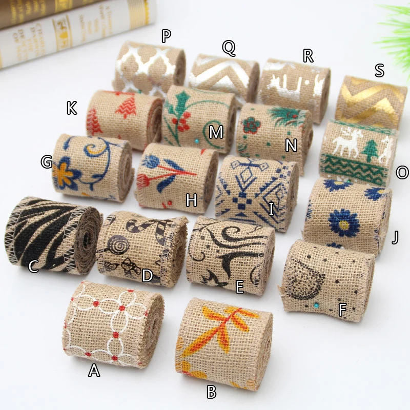 2M/lot 6CM Natural Jute Burlap Printed Ribbon Linen Roll Sewing Fabric for DIY Clothing Hat Bag Home Decor Christmas Wedding Par