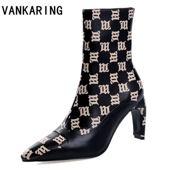

brand printing leather women's elastic sock boots pointed toe sexy ankle boots high heels shoes woman female autumn boots pumps