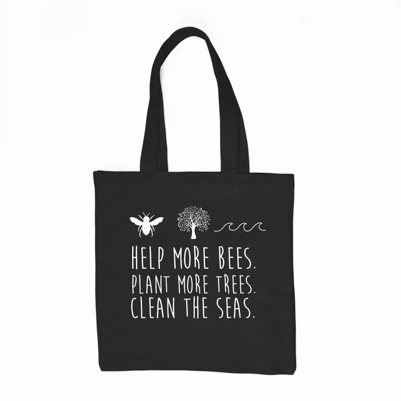 

Climate Change Save the Bees Shopping Bag Plant More Trees Clean The Seas Reusable Shopping Tote Bag handbag with zipper