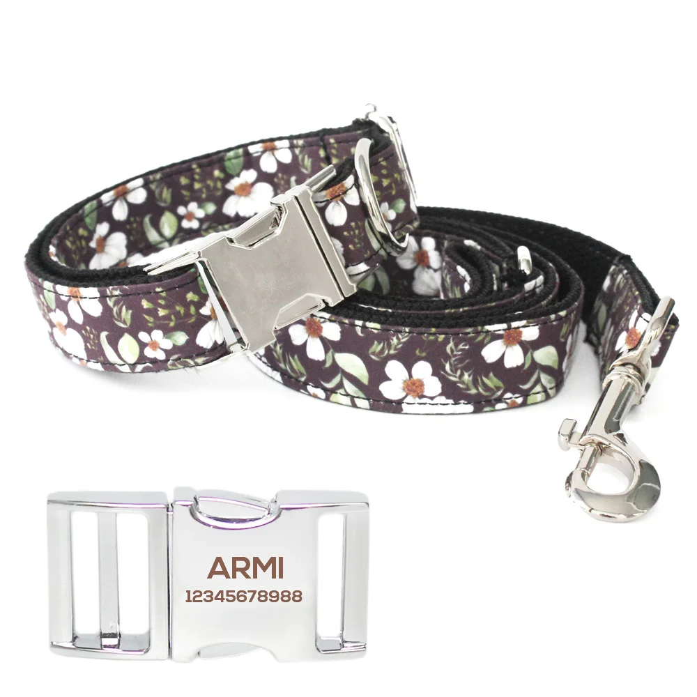 

Handcrafted Dog Collar Leads Combination White Chrysanthemum Pattern Engraving Collar For Dog 6045003 Pet Accessories Supplies