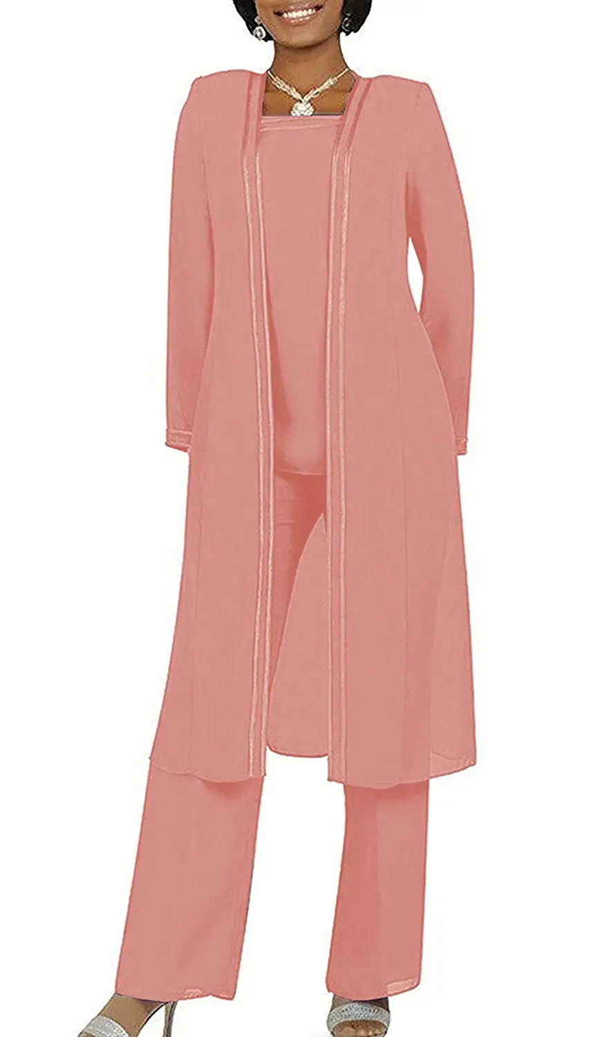 Blush Женский костюм из 3 предметов, длинное шифоновое платье для матери невесты, брюки, костюм с курткой, наряд, куртка, длинные рукава для свадьбы, жениха - Цвет: Blush