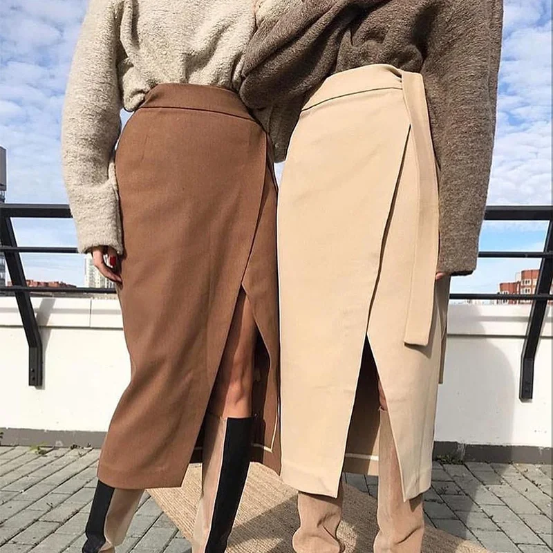 Khaki Suede Long Skirt Women Autumn Winter Casual Wrap Skirt Lace Up Women High Waist Midi Skirt Office Ladies Elegant