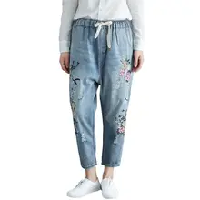 Винтажные женские вышитые рваные джинсы, свободные джинсовые штаны, потертые уличные повседневные джинсы для женщин в стиле бойфренд размера плюс 3XL C5597