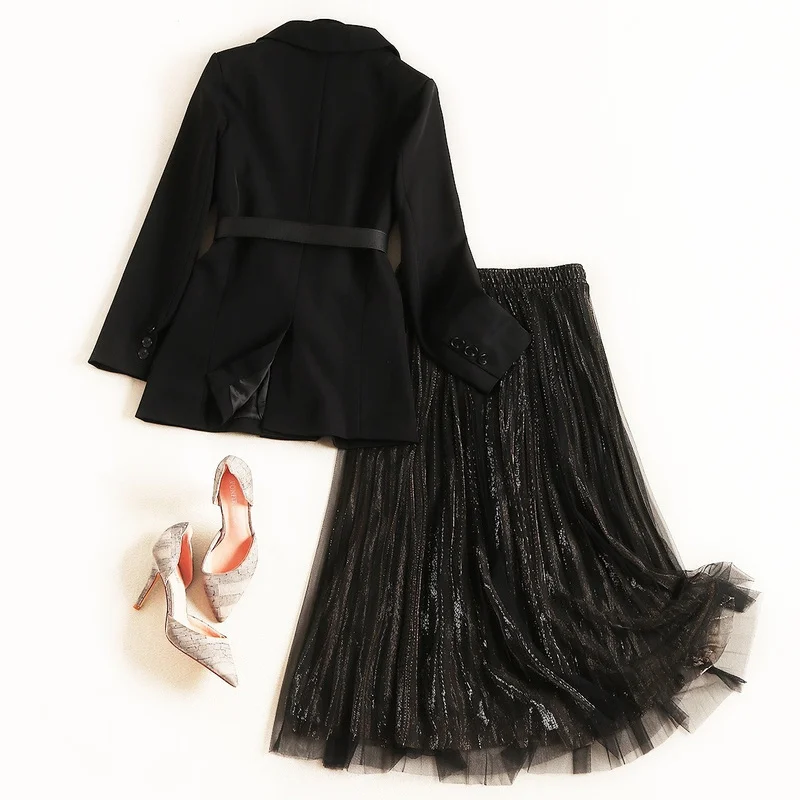 Черный Женский блейзер костюмы наборы 2019 Формальные блейзеры женский офисный