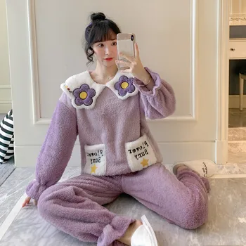 

FZSLCYIYI Cute Flower Print Winter Princess Collar Flannel Pajamas Set Women's Sleepwear Thick Warm Girl Plus Velvet Homewear