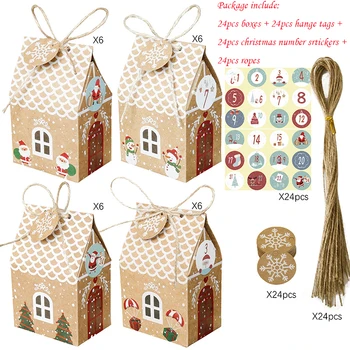 

24sets House Kraft Paper Candy Box Gift Bags With Ropes Hange Tags Sticker Guests Packaging Box Merry Christmas Party Decoration