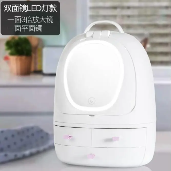 With led light Креативная коробка для макияжа с led светильник HD Двусторонняя зеркальная коробка для хранения косметики Пылезащитная настольная коробка для хранения продуктов для ухода за кожей - Цвет: With led light