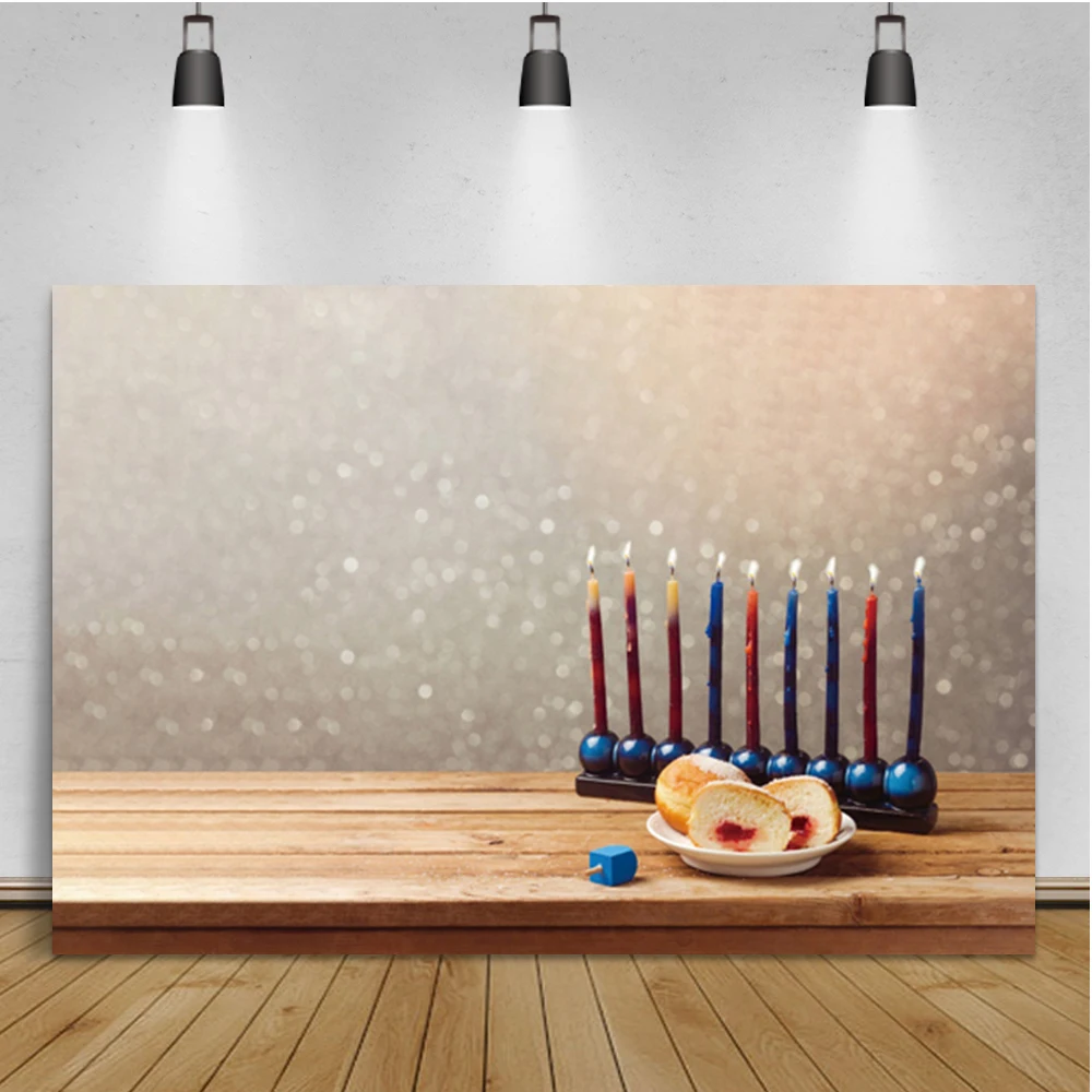 Laeacco Happy Hanuksha Fotografia Sfondo Ebraico Capodanno Menorah Candela Pane Luce Bokeh Photocall Sfondo Per Foto Stud