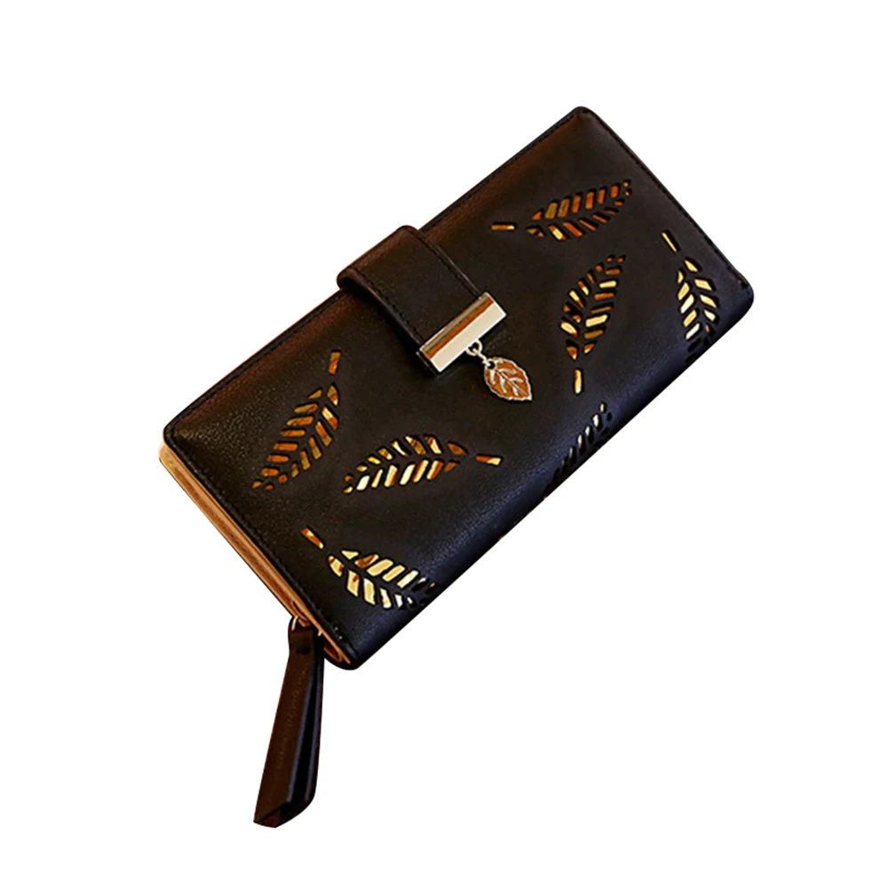 Черный Wallet Women Fashion Women PU Leather Wallet Purse Card Holders Hollow Leaves For Coins Money carteira Porte Feuille Femme - Цвет: Черный