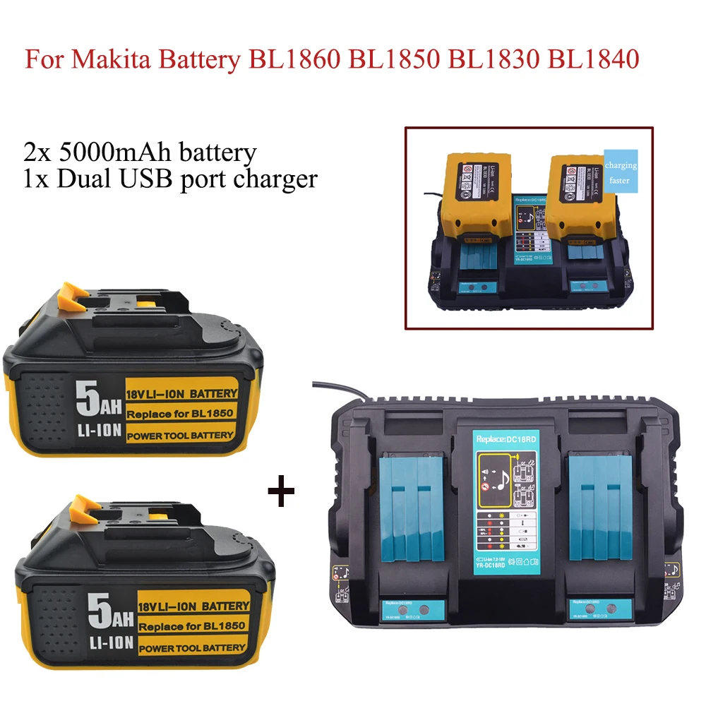 

2x Newest 18V 5Ah Li-ion Battery For Makita Battery BL1860 BL1850 BL1830 BL1840 194205-3 Power Tool With LED Indicator+ charger