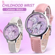 Дети для девочек с единорогом мультфильм часы кожаный ремешок Кварцевые аналоговые наручные часы