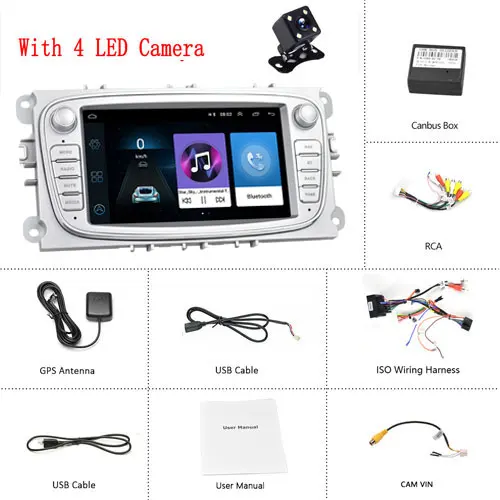 Silver With 4 LED Podofo Автомобильный мультимедийный плеер Android 8,1 GPS Авторадио 2 Din 7 ''автомагнитолы dvd-плеер для Ford/Focus/S-Max/Mondeo 9/Galaxy yc-Max - Цвет: Silver With 4 LED