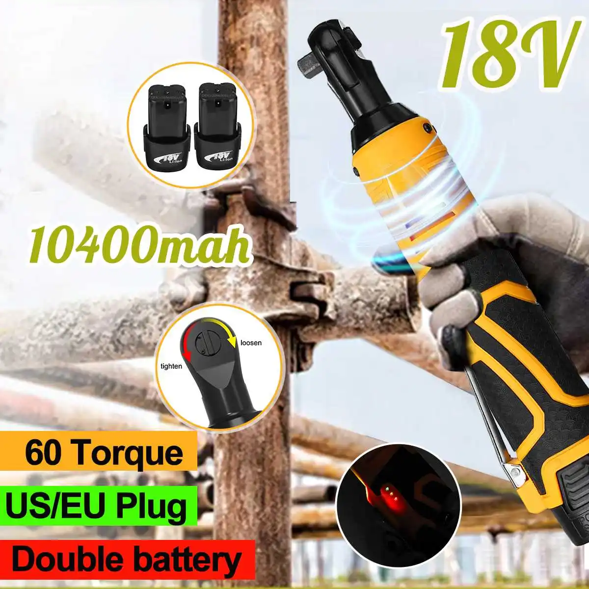 18V двойной литиевый аккумулятор Перезаряжаемый 3/8 ''60NM электрический ключ портативный Трещоточный ключ 90 градусов Электроинструмент гаечный ключ 10400mah