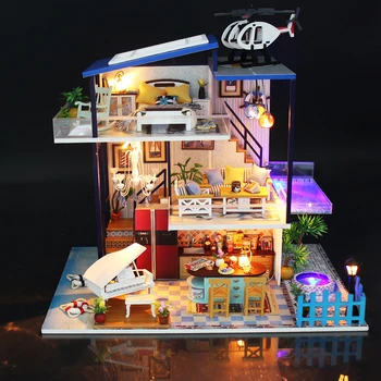 

Children DIY Creative Handmade Theme Wooden Cabin Assembly Building Model Toy Gift Set with Light and Music - Blue Sea Romance