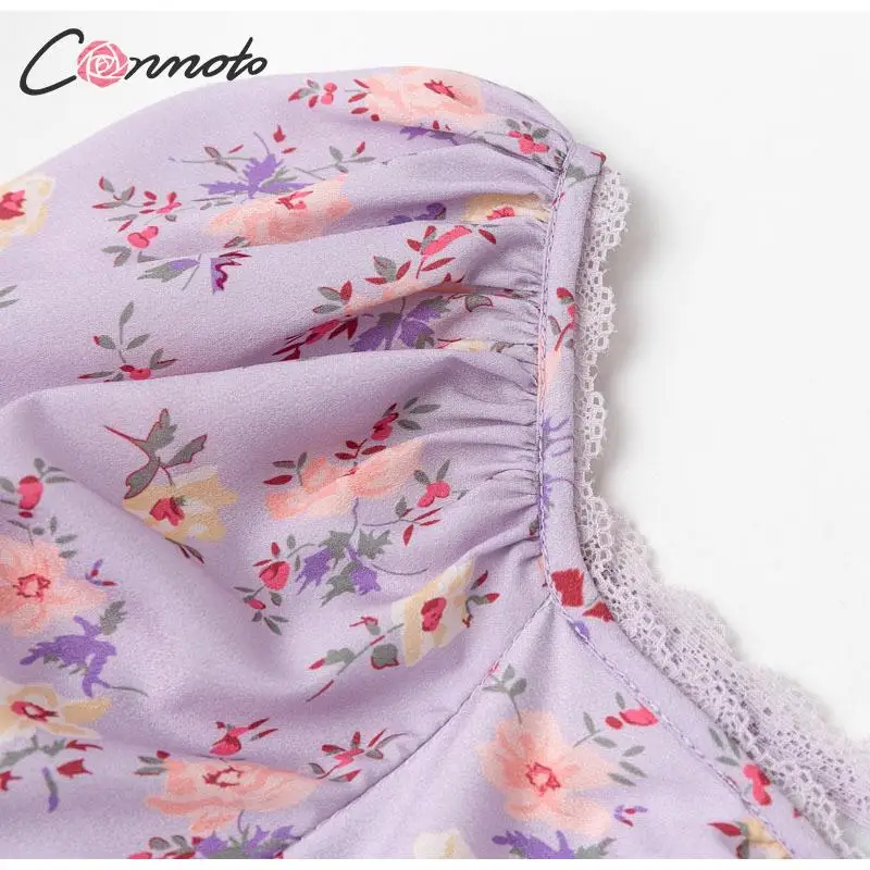 Conmoto puff split ruched vintage long dresses women lace patchwork straight sexy beach summer purple floral dress vestidos
