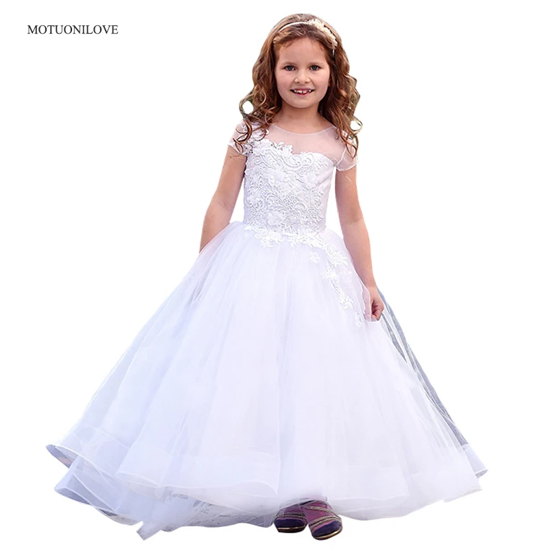 

New Ball Gown Flower Girl Dresses For Weddings Girls Princess Birthday Party Gowns Cap Sleeves Lace Appliques Kids Pageant Dress