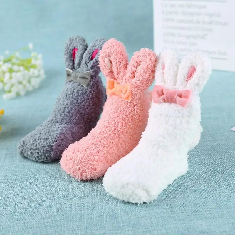 Coral Velvet Thicken Baby Socks Cute Three-Dimensional Rabbit Anti-Slip Newborn Kid Girls Christmas Soft Socken New Year Winter