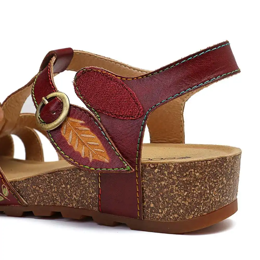 Женское сандалии ручной работы цветочный ретро-Рисунок, натуральная кожа, удобные в носке крючок листок петля сандалии элегантная обувь Для женщин