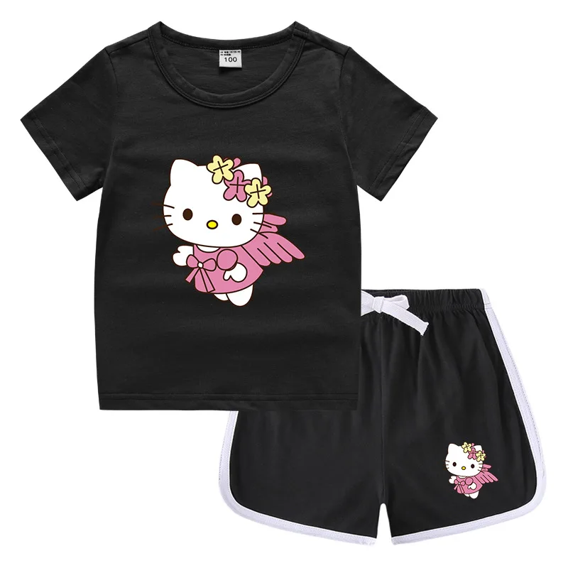 thumbnail image 1 of Hello Kitty-Camiseta de cuello redondo para niños, pantalones calientes informales, camisa de fondo para niños y niñas, traje de camiseta de color caramelo absorbente para el sudor, 1 of 5