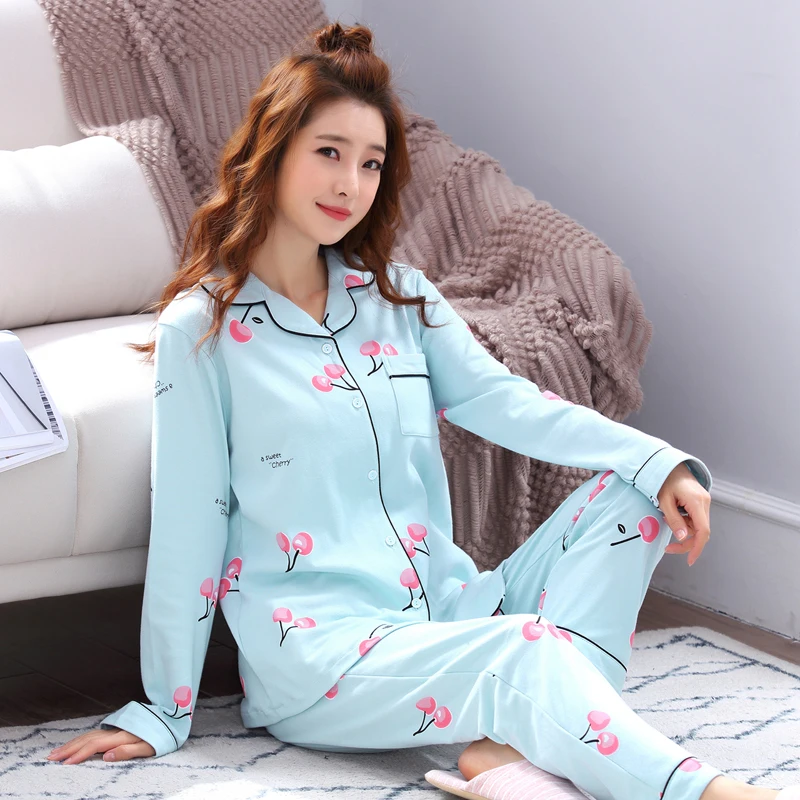 Модные пижамные комплекты из 2 предметов для женщин, домашняя одежда с длинными рукавами и отворотами, милые женские Топы+ штаны, женская ночная рубашка, костюм для сна