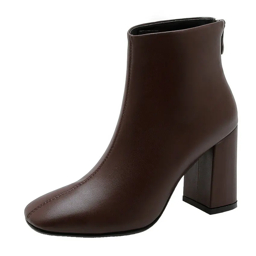 QUTAA PU Leather Ankle Boots Super Square High Heel Women Shoes Zipper Autumn Pointed Toe Motorcycle Casual Big Size 34-43