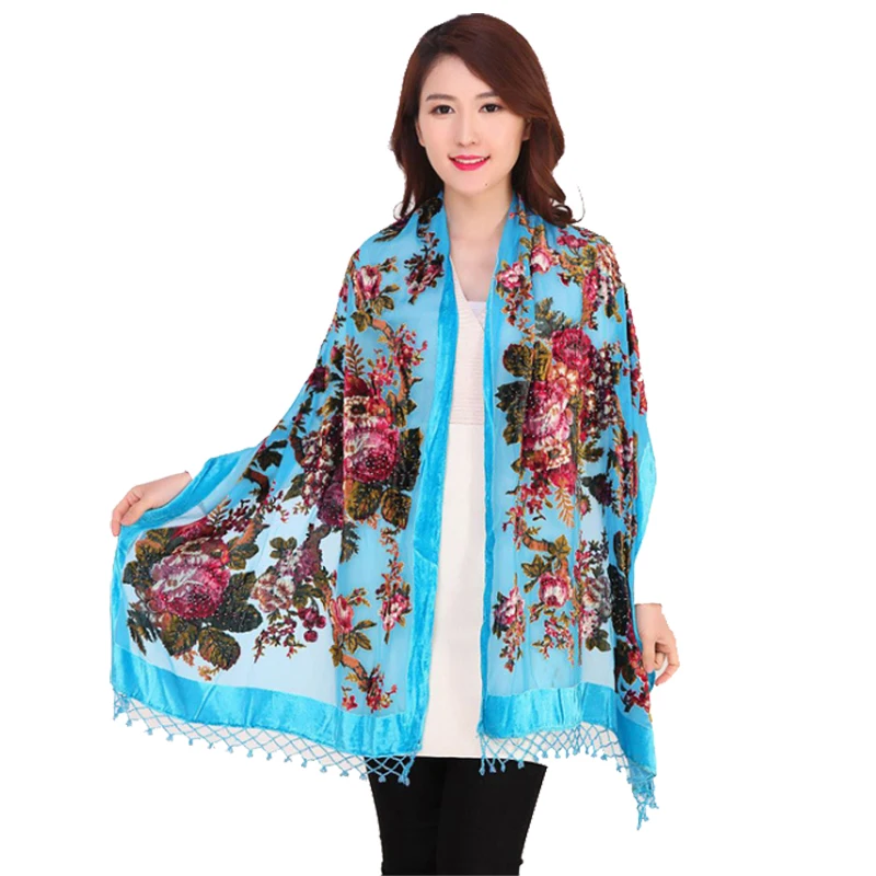 Silk Velvet Scarf Shawl Chinese National Women Rectangle Pashmina Poncho Handmade Beaded Flower Cape Mujeres Bufand 011207