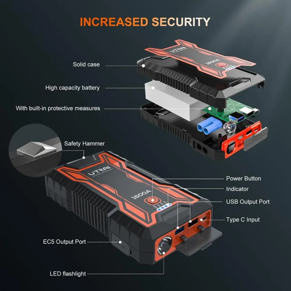 UTRAI Car Jump Starter Power Bank 16000mAh battery Car Auto Booster Charger Starting Emergency Battery Portable Car Jump Starter