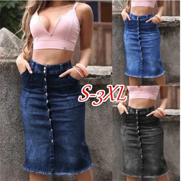 2020women saia jeans feminina wash nail button джинсовая юбка Облегающая | Женская одежда