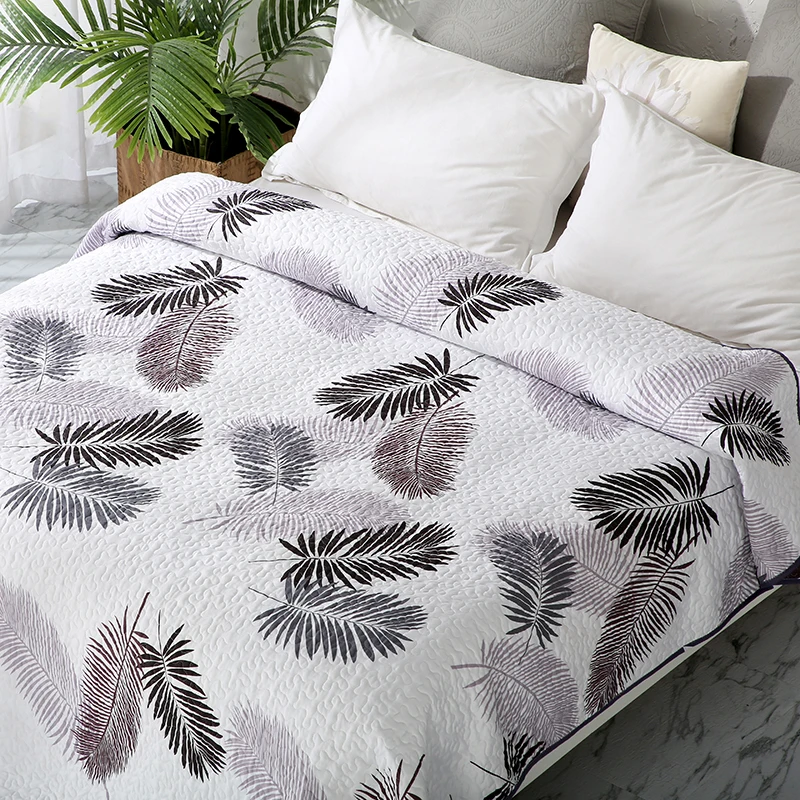 Colcha de algodón y poliéster con estampado de hojas blancas y negras, funda de almohada, edredón, Sábana, colcha, #/L